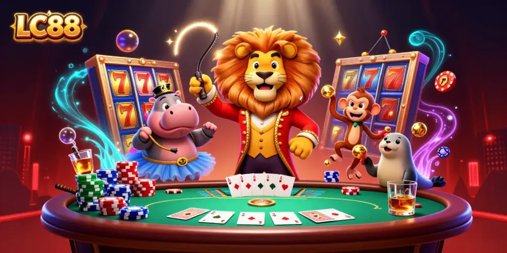 Experience LC88 excitement with a circus-themed casino scene featuring engaging characters and vibrant gaming elements.