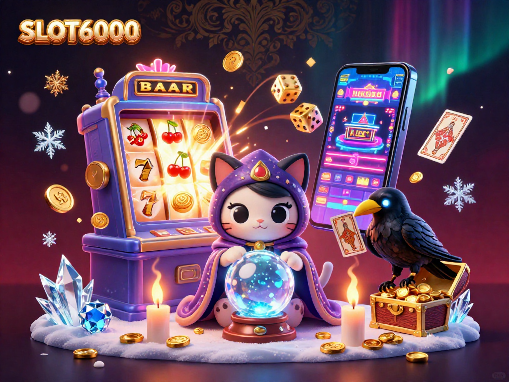 SLOT6000 brings winning excitement to the table with a vibrant 3D illustration showcasing a mystical cat and raven amid a jackpot explosion.