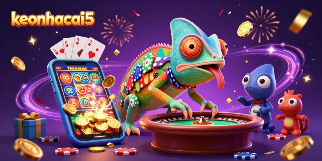 Catch the excitement of keonhacai5 with vibrant games, chameleon characters, and dynamic casino elements.