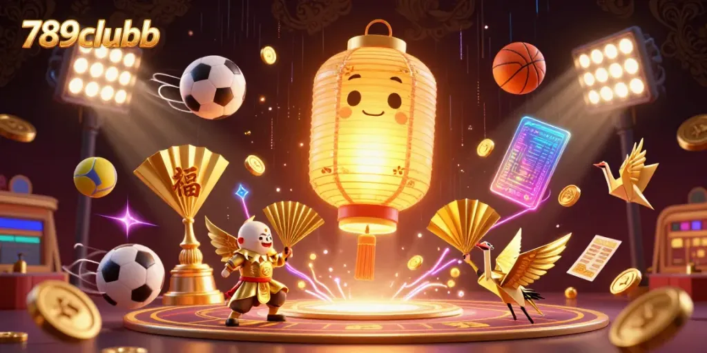 Engage in the world of 789clubb with a vibrant 3D casino scene featuring a golden lantern spirit and sports elements.