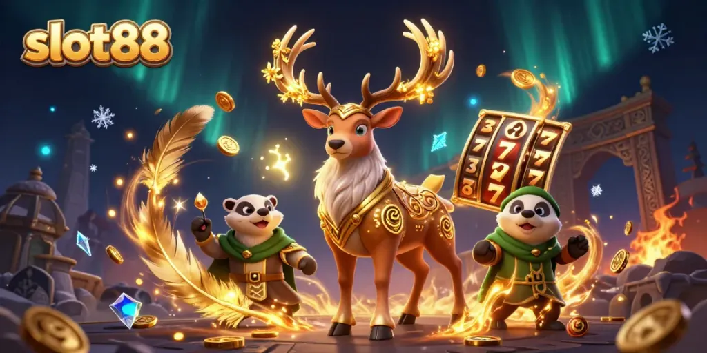 Experience the thrill of slot88 with a dynamic scene featuring a druid stag and lucky symbols in a vibrant casino atmosphere.