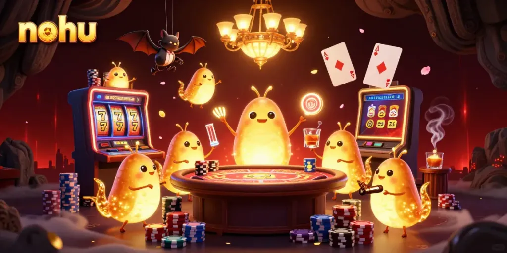Experience vibrant nohu slots in a glowing cave casino scene with animated characters and rich details.