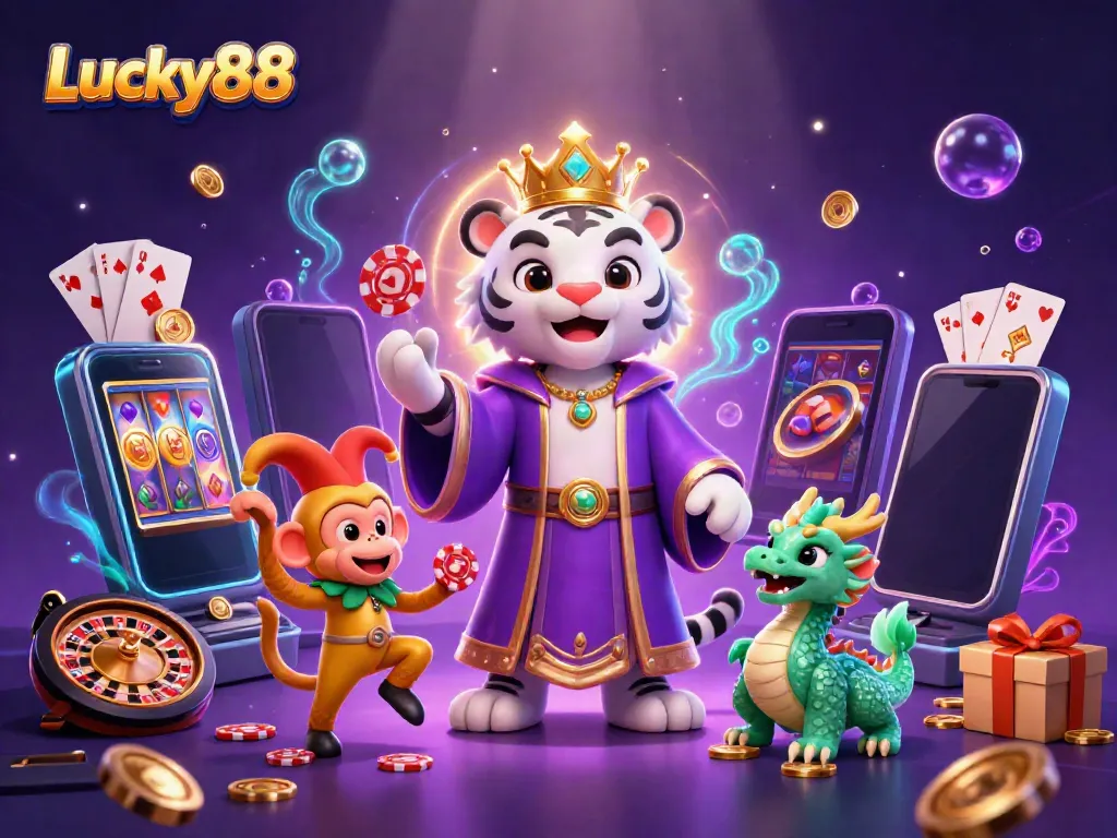 Engage in thrilling gameplay with Lucky88 as the tiger, monkey, and jade dragon come alive in vibrant casino magic.