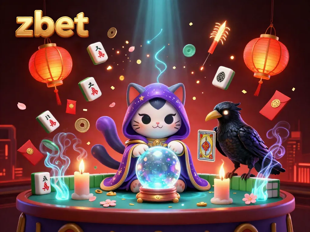 Engage with ZBET's vibrant gaming universe featuring a mystic cat and raven in an ultra-detailed casino scene.