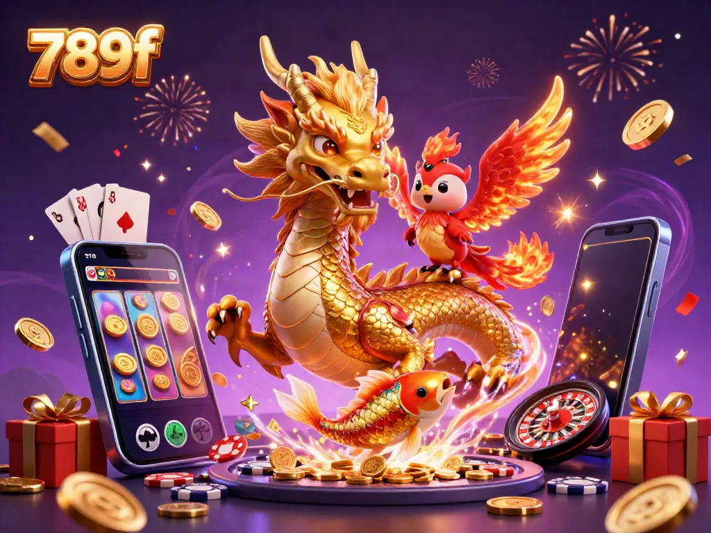 Engage with 789f's thrilling gaming atmosphere featuring a dragon, phoenix, and koi fish amidst dynamic casino elements.