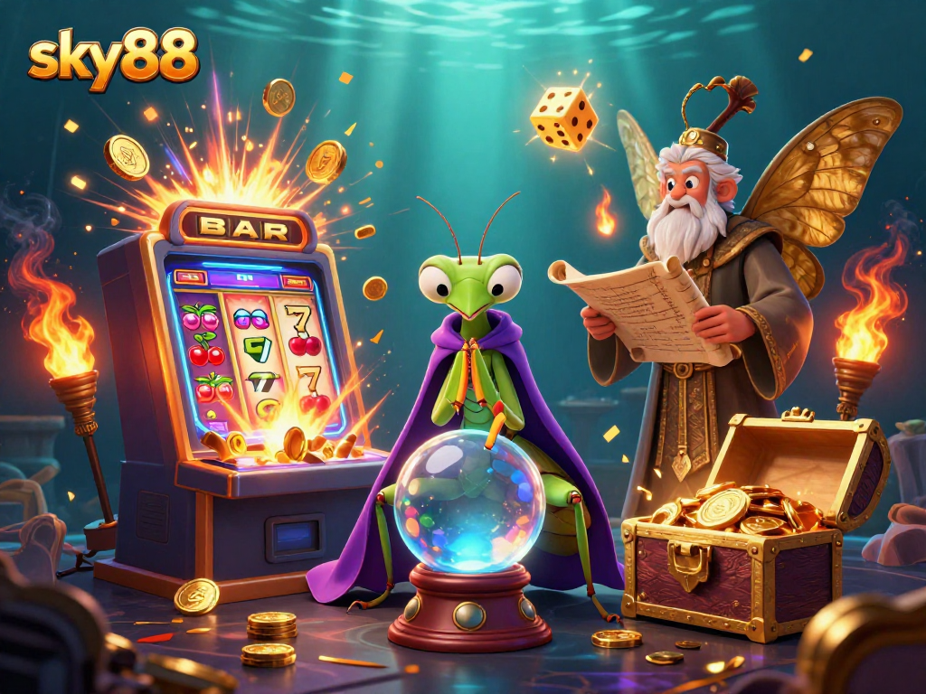 Experience thrilling wins at sky88 with cartoon characters celebrating a jackpot explosion in a vibrant casino.