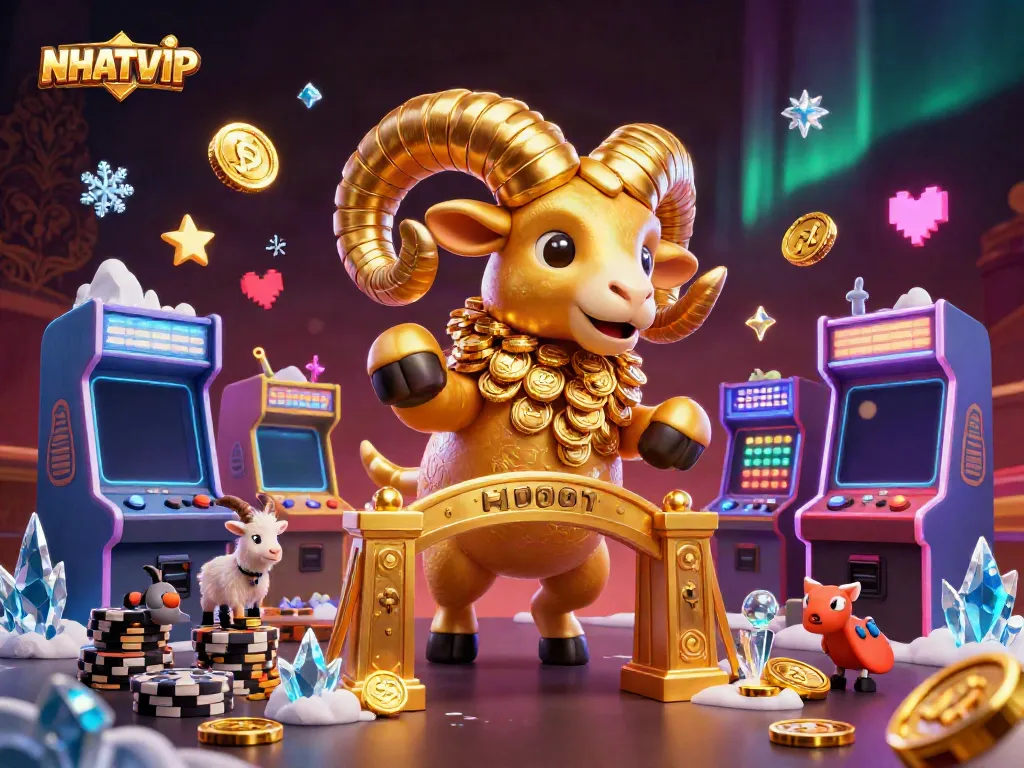 Experience thrilling gameplay at NHATVIP with a dynamic scene of a golden ram charging through a casino.