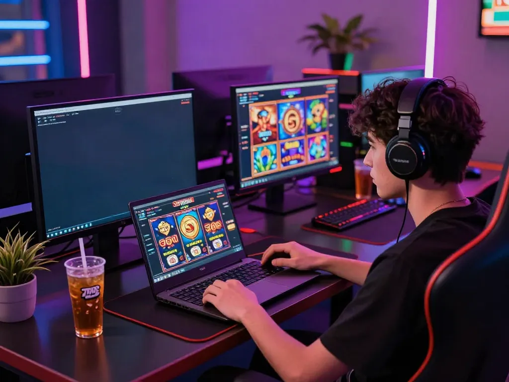 Exciting SAPPORO88 link gaming setup with colorful slot game interface and modern desk.
