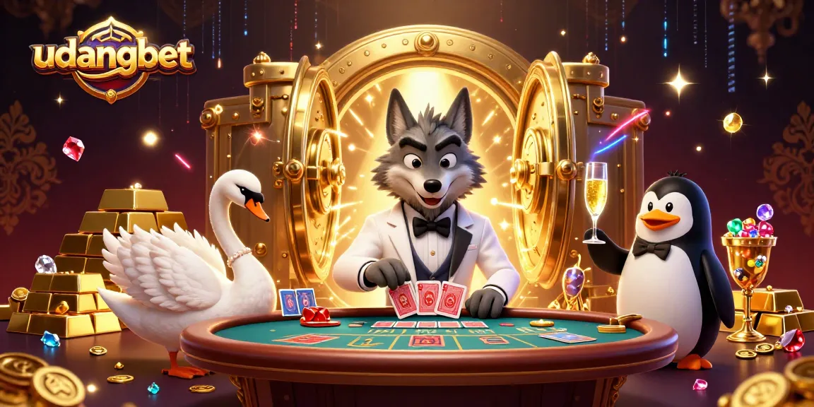 Experience thrills with udangbet as a debonair wolf, swan dealer, and penguin sommelier at a luxurious baccarat table.
