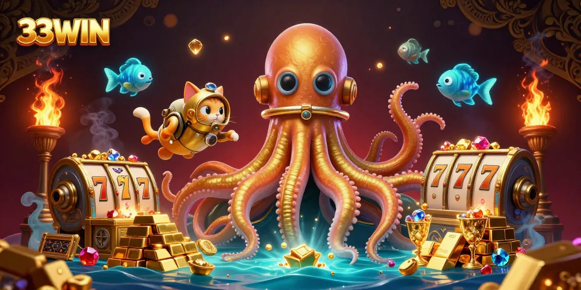Engage with thrilling 33WIN casino vibes featuring a kraken, diving cat, and vibrant treasures.