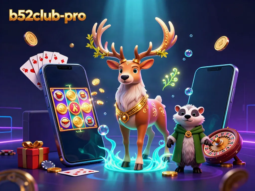 Engage in exciting slot games with b52club-pro, illustrated in a vibrant casino scene with unique characters.