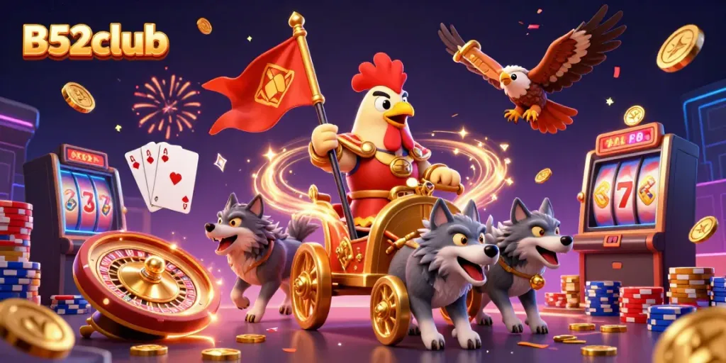 Create winning strategies at B52club with an illustration featuring a cartoon rooster warlord in a vibrant casino scene.