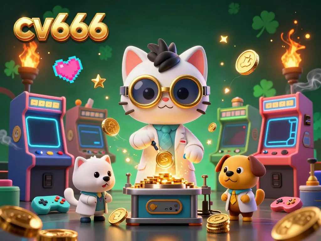 Engage in thrilling gameplay at cv666 with a mad scientist cat and dog, surrounded by dynamic gaming elements.