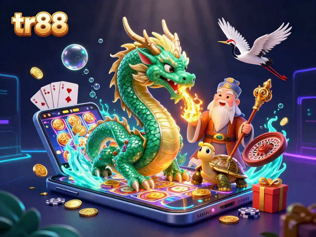 Spin the reels of tr88's vibrant slots, surrounded by a jade dragon and lucky cranes.
