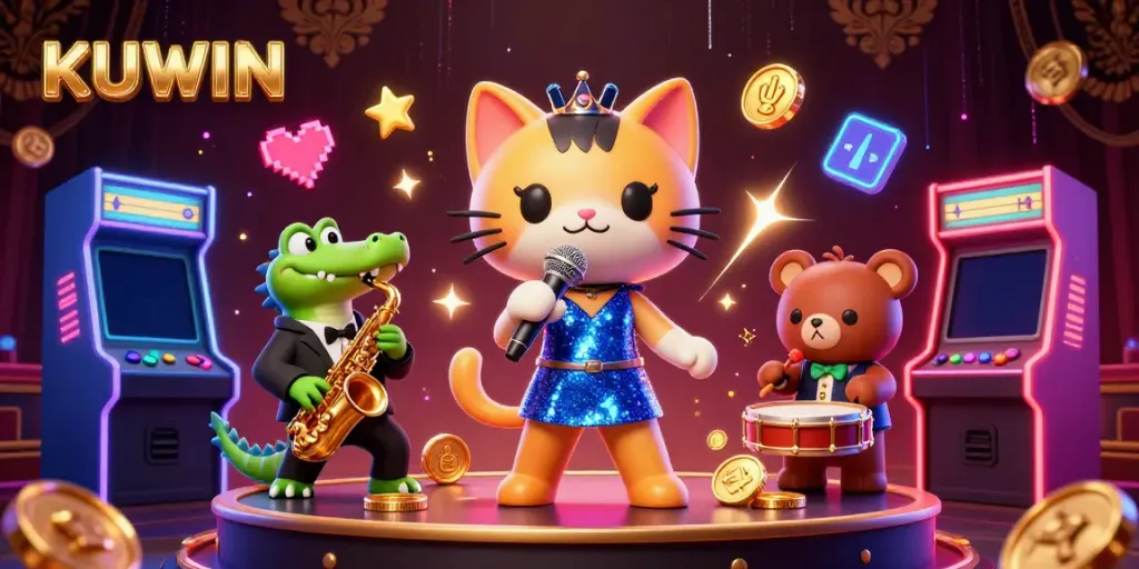 Kuwin casino promotional illustration featuring vibrant characters in an entertaining gambling scene.