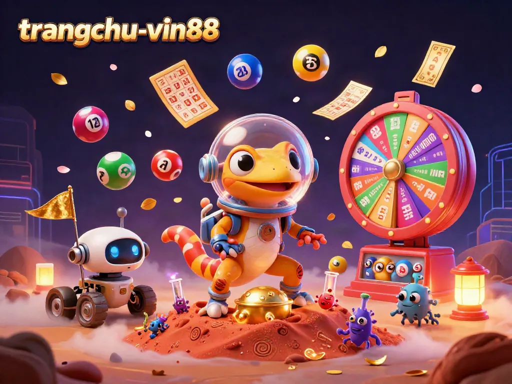 Join the Martian gecko at trangchu-vin88 for an exciting casino adventure amidst vibrant gaming elements.