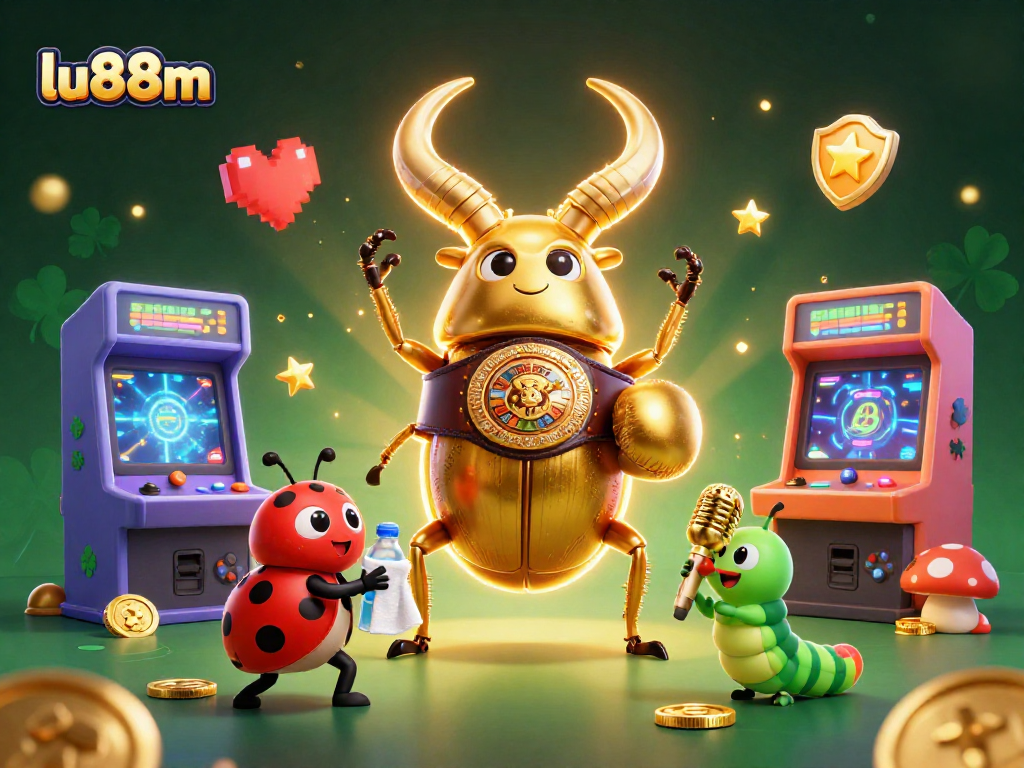 Experience the excitement of gambling with lu88m in this vibrant illustration featuring a golden stag beetle champion.