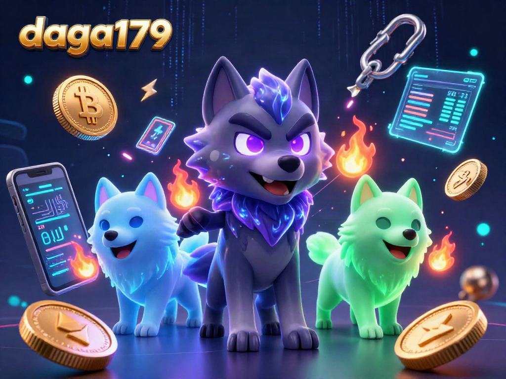 daga179 showcases a thrilling scene with spectral wolf leaders amidst cryptocurrency and casino elements.