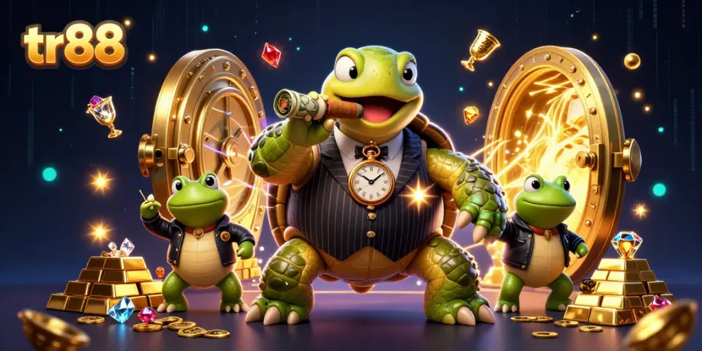 Experience the thrill of tr88 with a vibrant casino scene featuring unique character interactions and treasure elements.