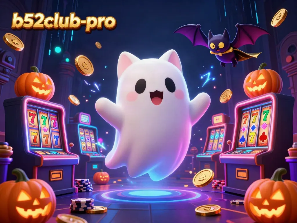 Experience b52club-pro with an enchanting haunted casino scene featuring ghostly characters and vibrant slot game elements.