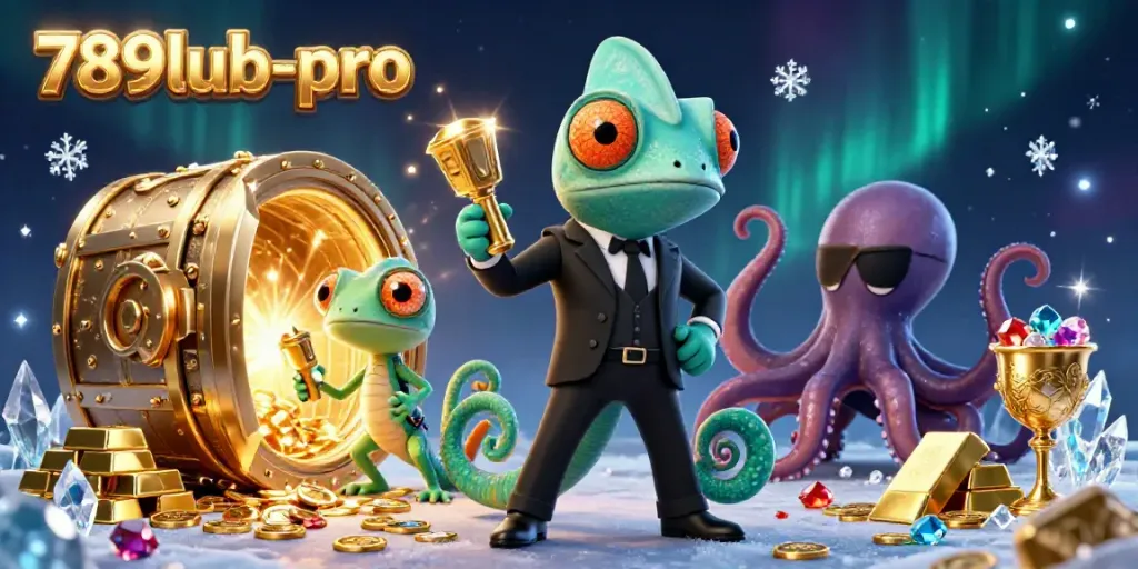 Experience thrilling casino adventures with 789lub-pro's vibrant 3D illustration featuring a secret agent chameleon and exciting treasures.