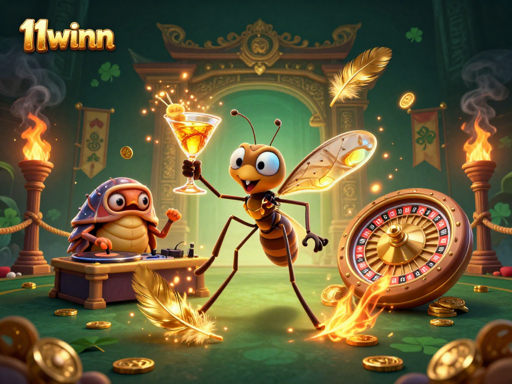 Experience the thrill with 11winn, where a mascot and trilobite DJ spin golden roulette under vibrant casino lights.