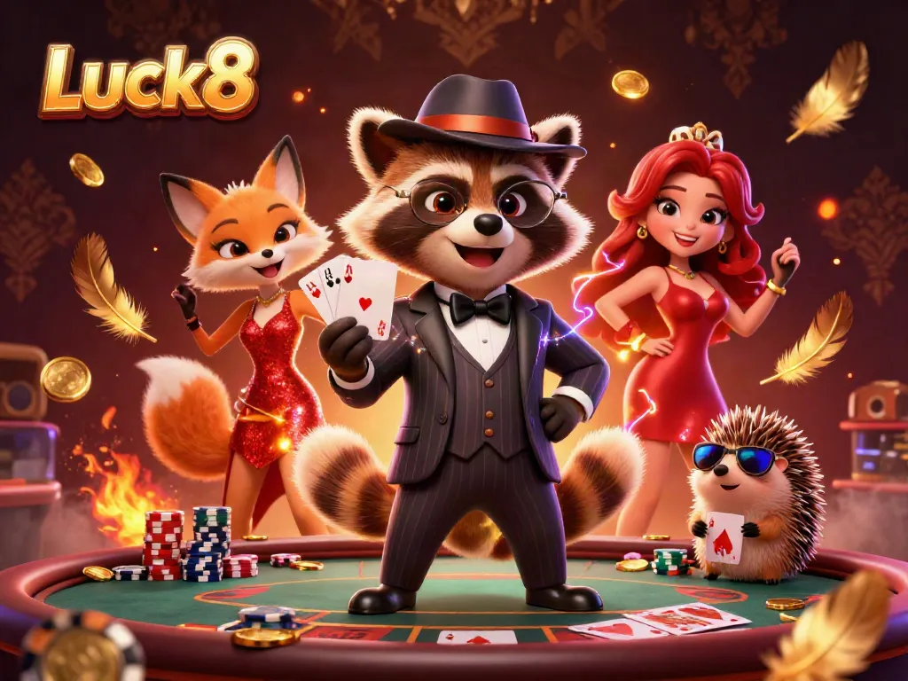 Luck8 showcases a raccoon in a suit with a royal flush, set in an energetic casino scene.