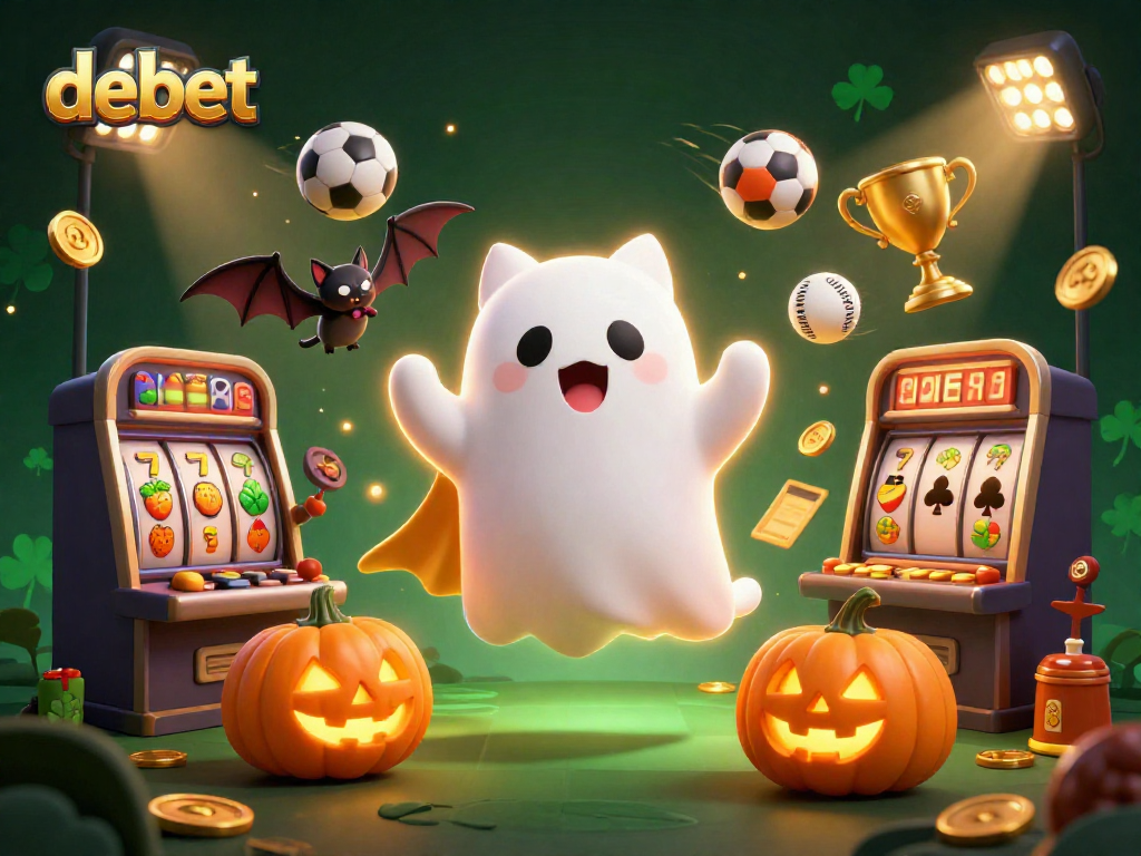 Engage with debet at a thrilling casino scene featuring a playful ghost cat, vibrant slot elements, and more.