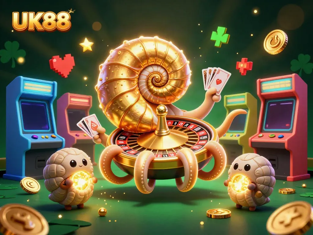 Engage with UK88's vibrant gaming world featuring a giant nautilus roulette wheel and glowing game elements.