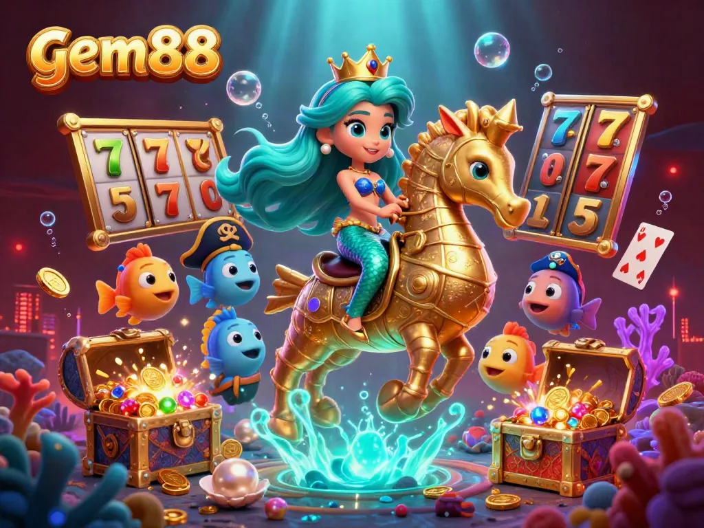 Experience the thrill at gem88 with vibrant 3D mermaid-themed gaming elements and captivating underwater treasures.