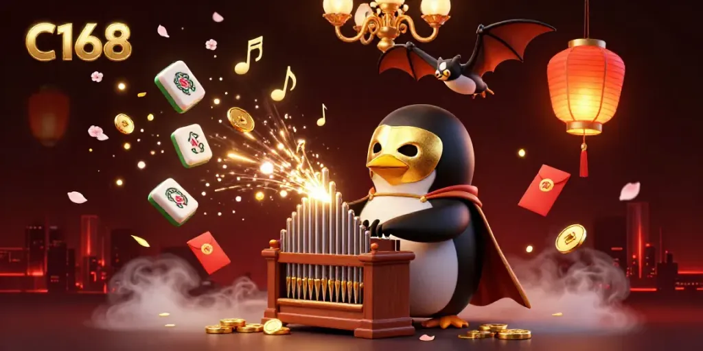 C168 penguin playing a golden pipe organ, shooting coins amidst golden lanterns and celebration.
