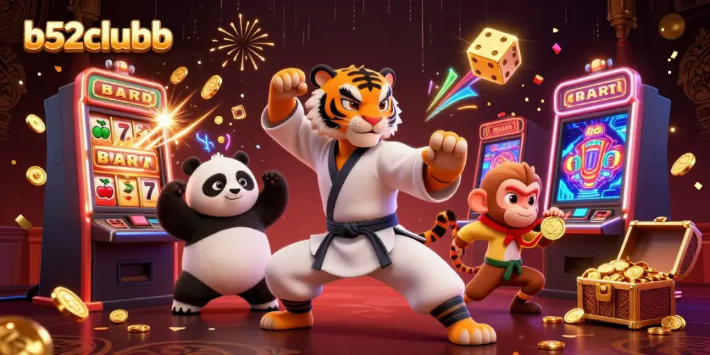 Engage in thrilling gameplay at b52clubb while a panda mimics a kung fu tiger in a vibrant casino environment.