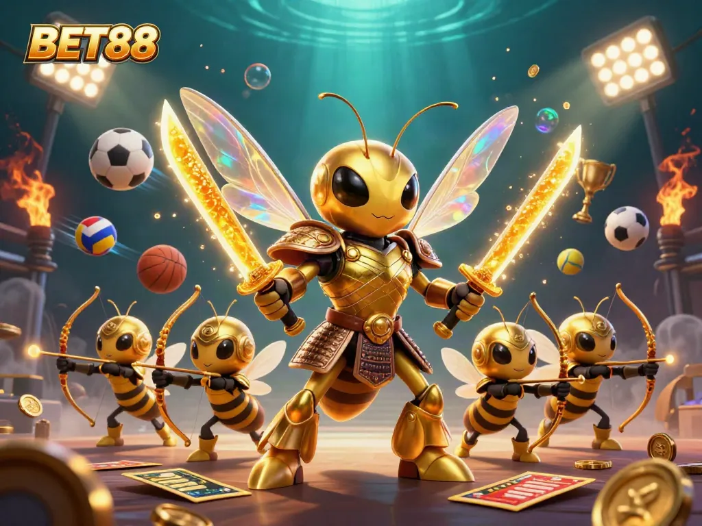Experience vibrant action at BET88 with a golden hornet in samurai armor amid dynamic sports elements and gaming excitement.