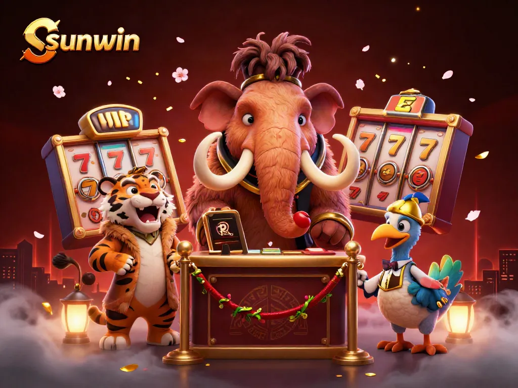 Check IDs at the entrance of sunwin casino with a woolly mammoth, saber-tooth tiger, and dodo bird doorman.