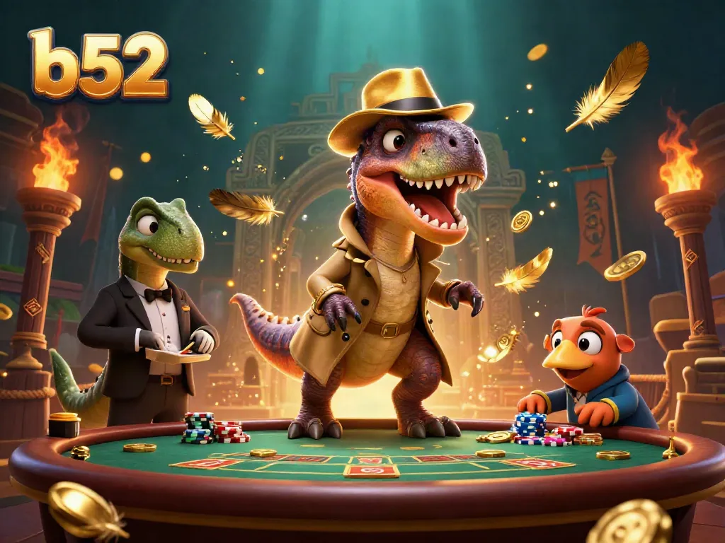 Win big at b52 with a cartoon velociraptor at a blackjack table, dynamic casino scene.