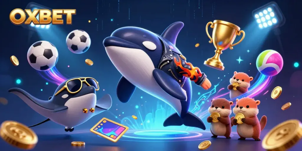 Play exciting games at OXBET with a dynamic scene featuring a cartoon whale, stingray, and sea otters.