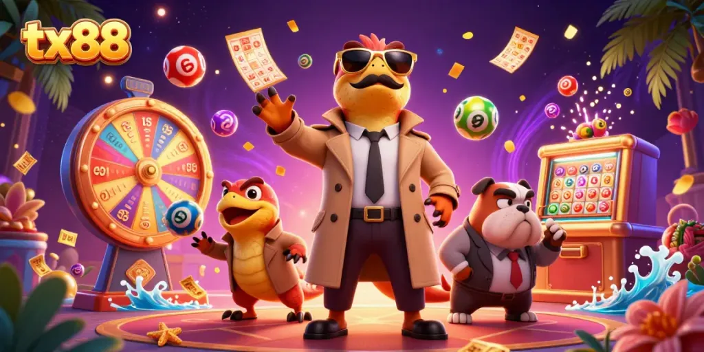Raptors in a trench coat enter a VIP casino, surrounded by colorful tx88 gaming elements and prizes.