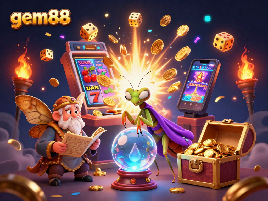 Experience the excitement of gem88 through a vibrant, 3D illustration showcasing slot machines and casino elements.