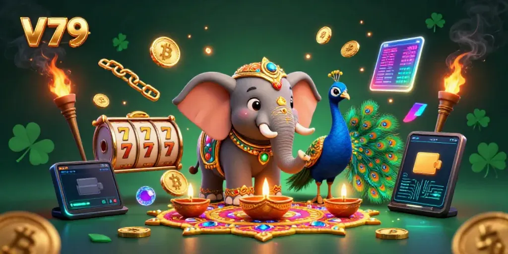 Experience winning at V79 with a vibrant 3D scene showcasing a lucky elephant, peacock, and casino elements.