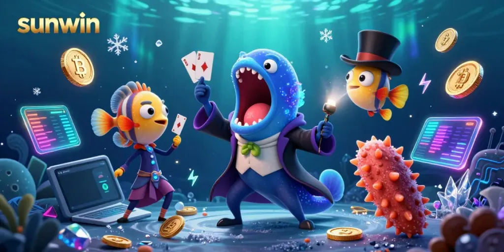 Experience the magic of Sunwin with a surreal underwater gambling scene featuring animated ocean characters.