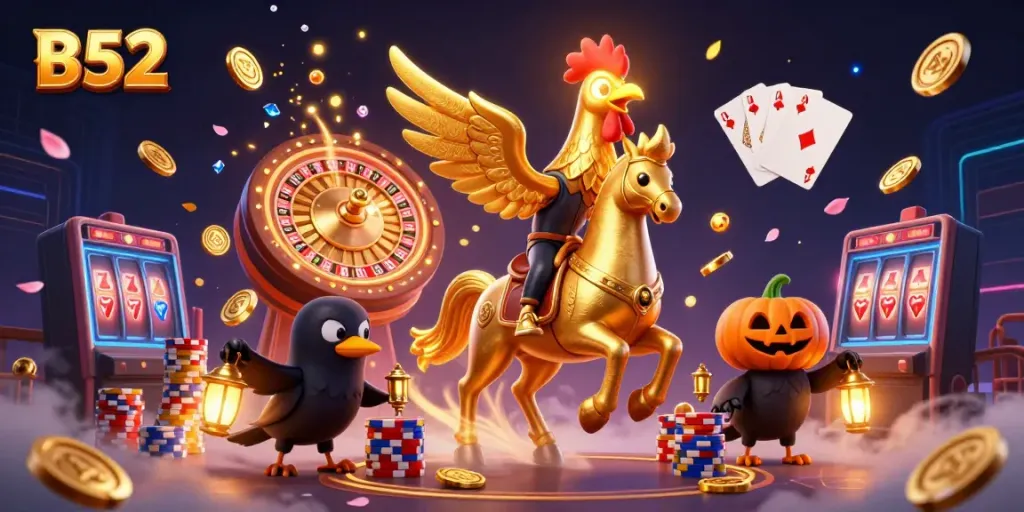 B52 brings luck with a golden rooster and lantern-carrying crows in a vibrant casino scene.