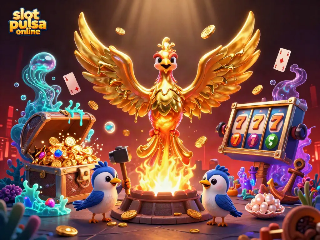 Engage in exciting gameplay at slot pulsa online featuring golden phoenix and vibrant slot elements.