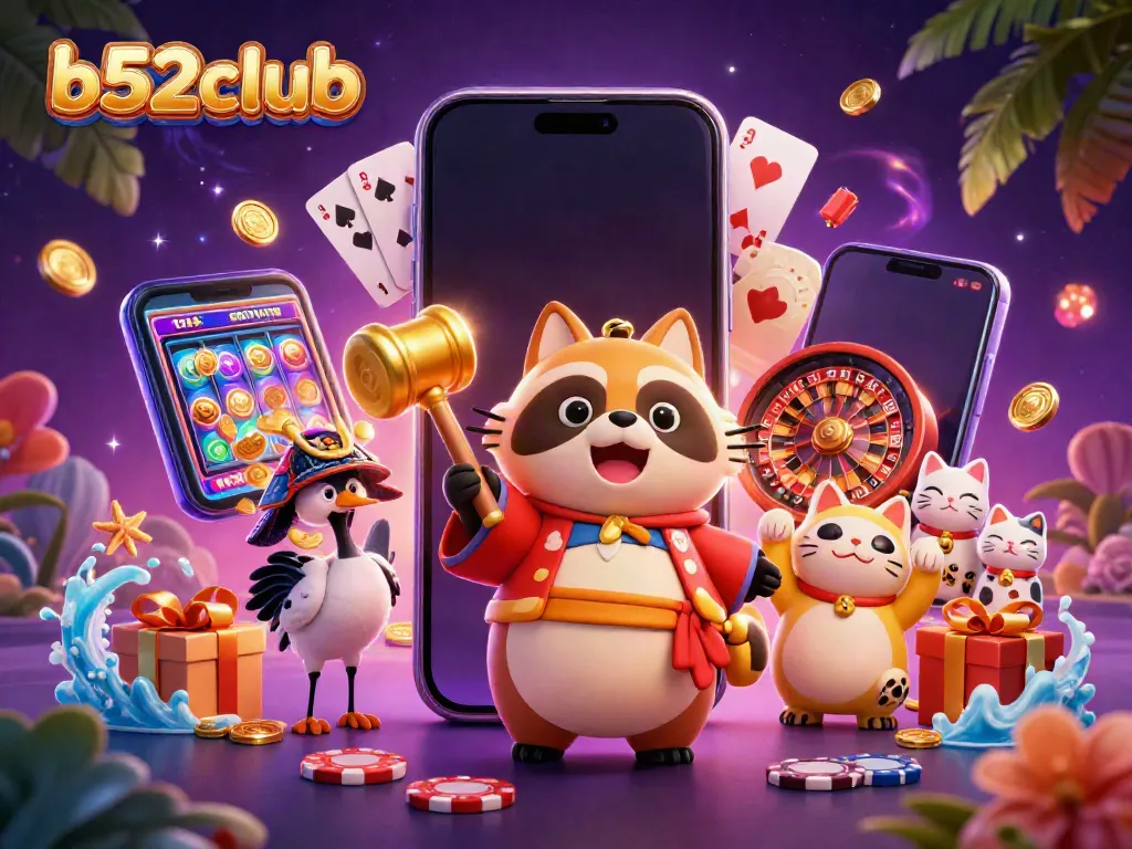 Experience the excitement of b52club with cheerful characters celebrating fortune and gaming in a vibrant casino scene.