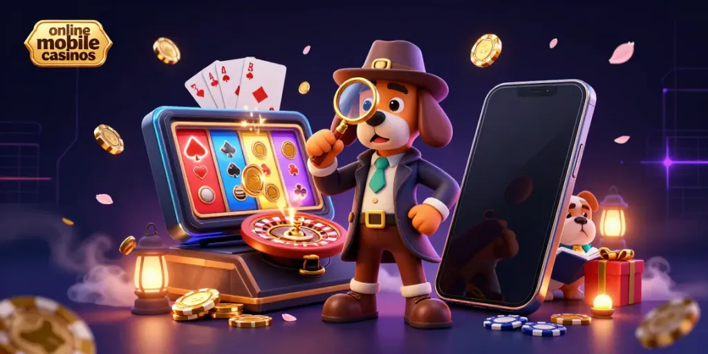 Engage in online mobile casinos with a 3D detective uncovering a poker chip clue amidst dynamic gaming elements.