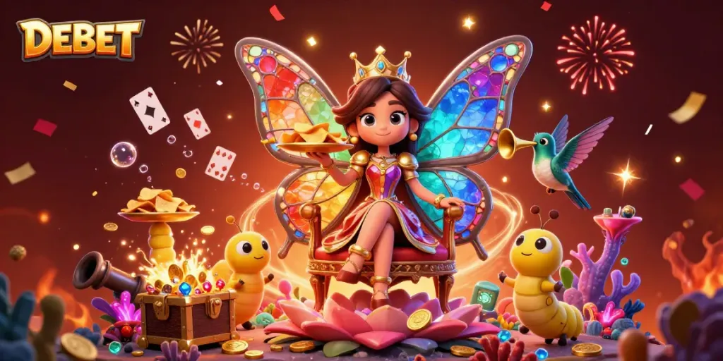 Experience the magical world of DEBET as a butterfly queen rules over a vibrant casino landscape filled with treasure.