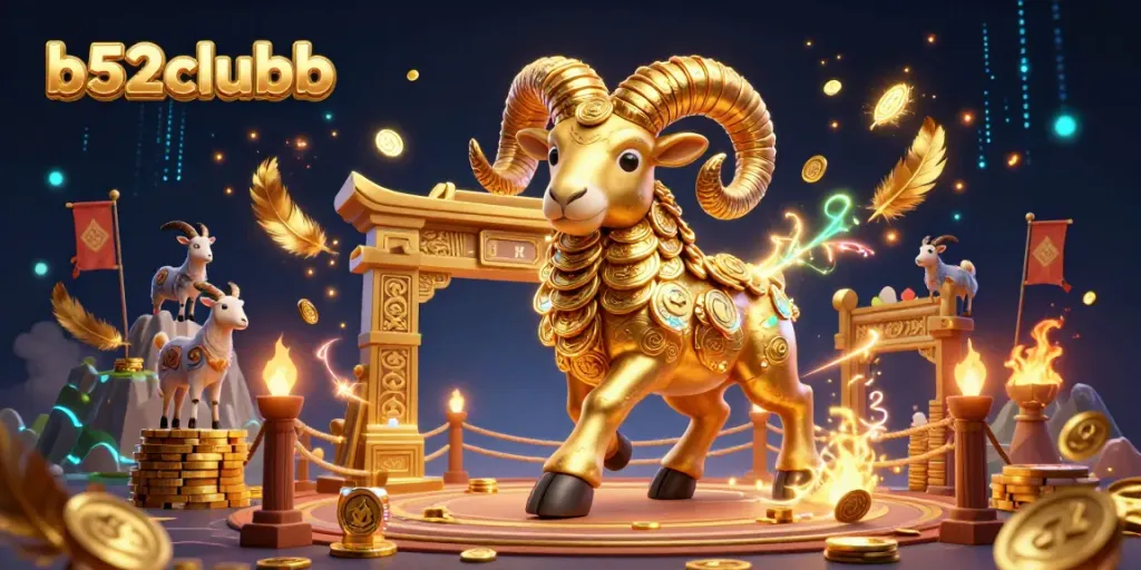 Engage with thrilling action at b52clubb, featuring a golden ram charging through a vibrant casino landscape.