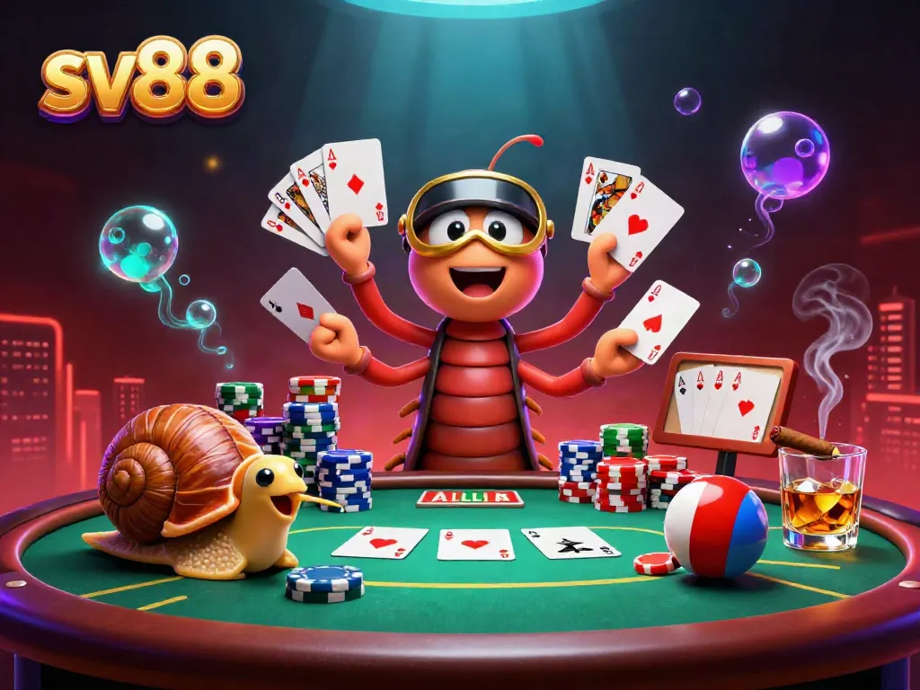 Engage with SV88's vibrant casino scene, showcasing a millipede dealer fanning cards and a snail high-roller pushing chips.