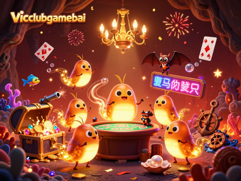 Win big at vicclubgamebai with vibrant casino elements and animated glowworm characters lighting the way.