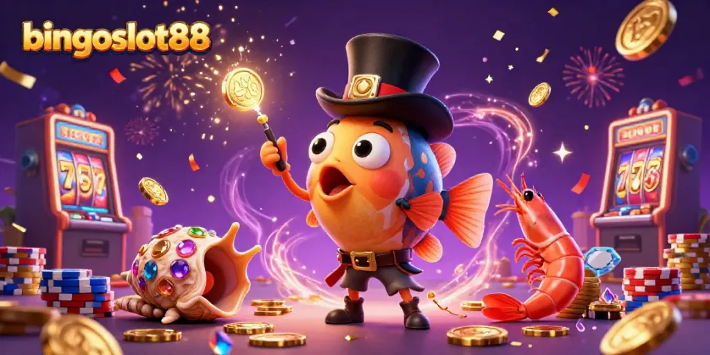 Permainan bingoslot88 dengan slot mesin dan ikan pemancing yang menarik koin emas