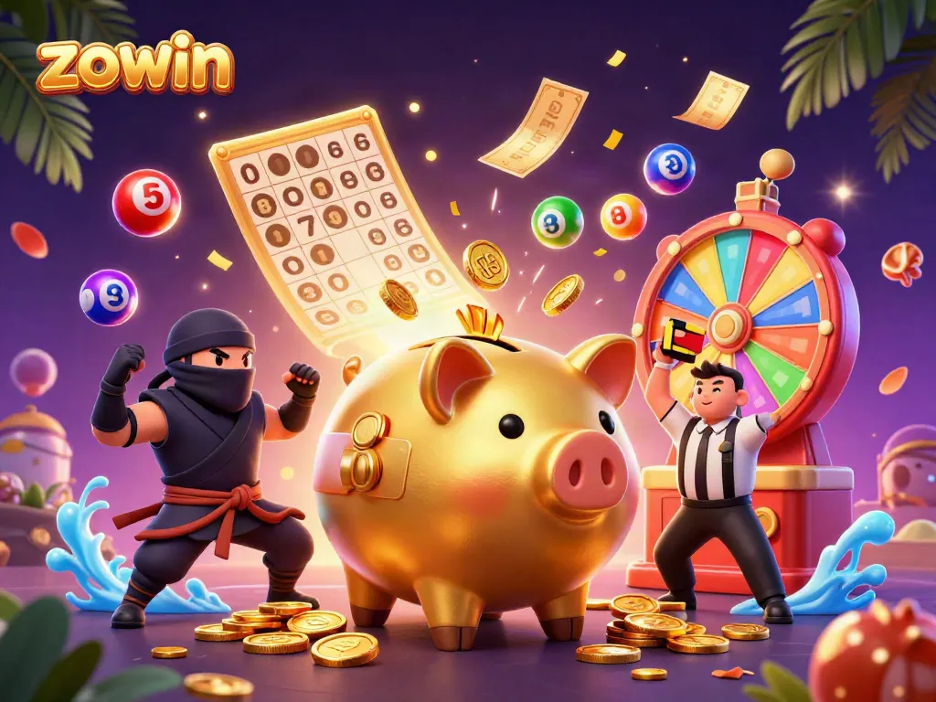 Zowin players engage in dynamic gaming action with a piggy bank sumo wrestler, capturing excitement.